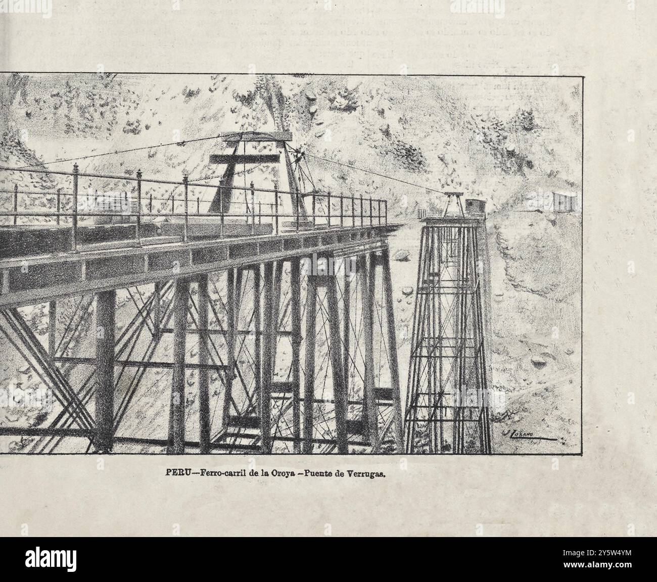 Vintage-Illustration der La Oroya Eisenbahn. Verrugas-Brücke. Peru Stockfoto