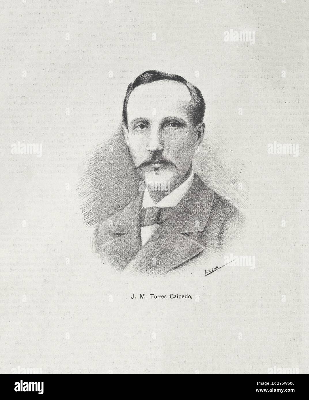 Porträt von J.M. Torres Caicedo. 1889 Jose Maria Torres Caicedo (1830–1889) war ein kolumbianischer Schriftsteller, Diplomat und Intellektueller, der in Europa lebte und dem die erste Verwendung des Begriffs "Lateinamerika" zugeschrieben wird. Er arbeitete in Europa für New Granada (später Kolumbien), Venezuela und El Salvador. Ebenso sollte er in seinen Veröffentlichungen, sowohl in Zeitungen als auch in seinen persönlichen Werken, dafür verantwortlich sein, die lateinamerikanische Literatur in Europa sichtbar zu machen.​ Stockfoto