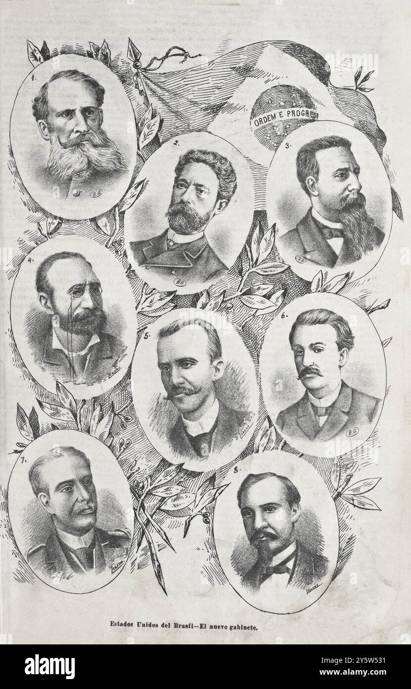 Vereinigte Staaten von Brasilien - das neue Kabinett. Brasilien. 1889 Deodoro da Fonseca, Quintino Bocayuba – Außenminister, Benjamin Constant – Kriegsminister, Aristides Lobo – Innenminister, Ruy Barbosa – Finanzminister, Eduardo Wandenkolk – zuständig für den Hafen von Marina, Demetrio Ribeiro – Landwirtschaftsminister, Campos Salles – Justizminister Stockfoto