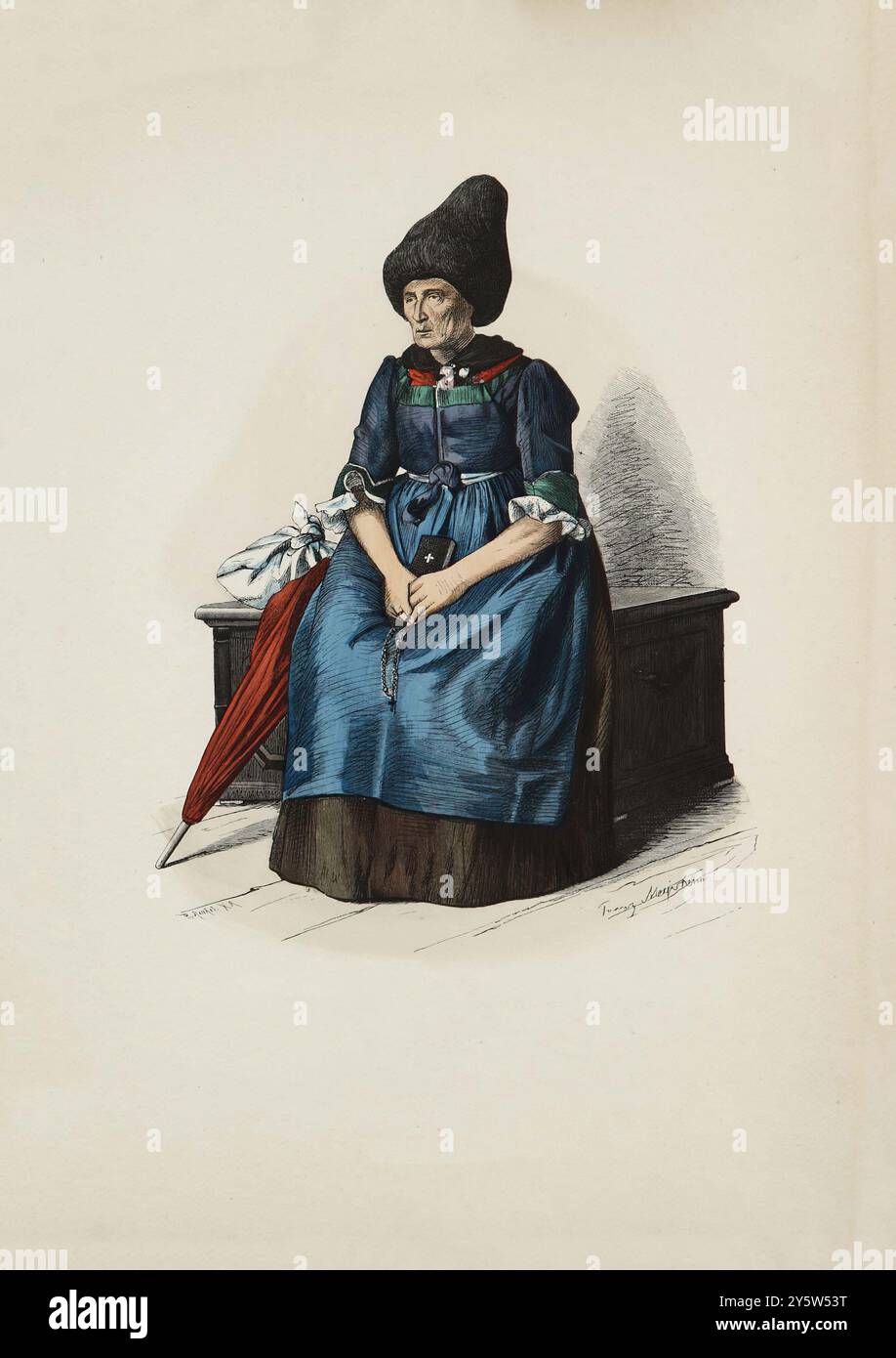 Vintage-Illustration einer alten Frau aus dem Vintschgau, Tirol. Historische und volkstümliche Kostüme. Deutschland. 1881 Stockfoto