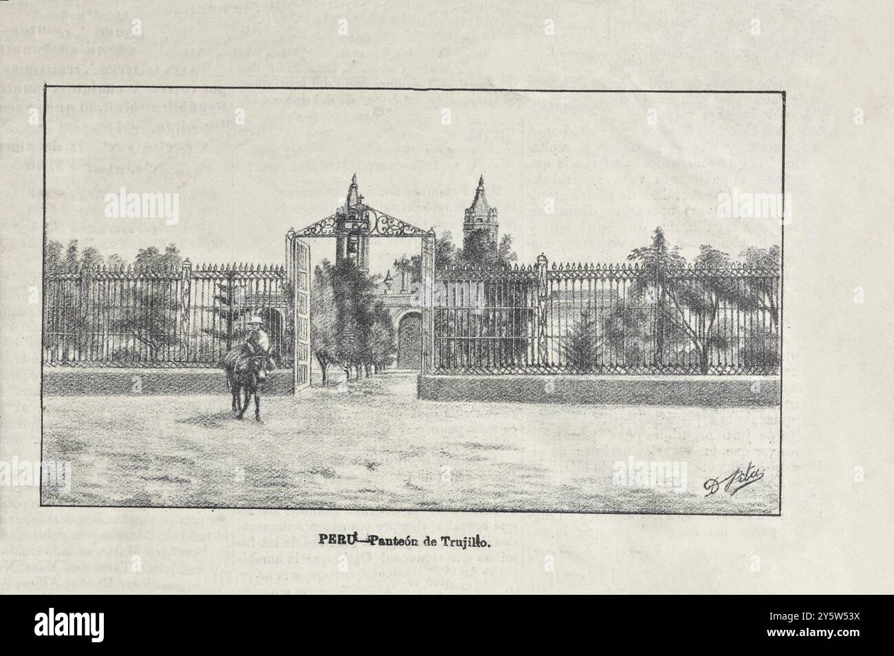 Vintage-Illustration von Panteon in Trujillo. Peru. 1890 Trujillo ist eine Stadt im Nordwesten Perus und Hauptstadt des Departements La Libertad. Es ist die drittbevölkerungsreichste Stadt und das Zentrum der drittbevölkerungsreichsten Metropolregion Perus. Er liegt am Ufer des Moche River, nahe seiner Mündung in den Pazifik, im Moche Valley. Dies war ein Ort der großen prähistorischen Moche- und Chimu-Kulturen vor der Eroberung der Inkas und der anschließenden Expansion. Stockfoto