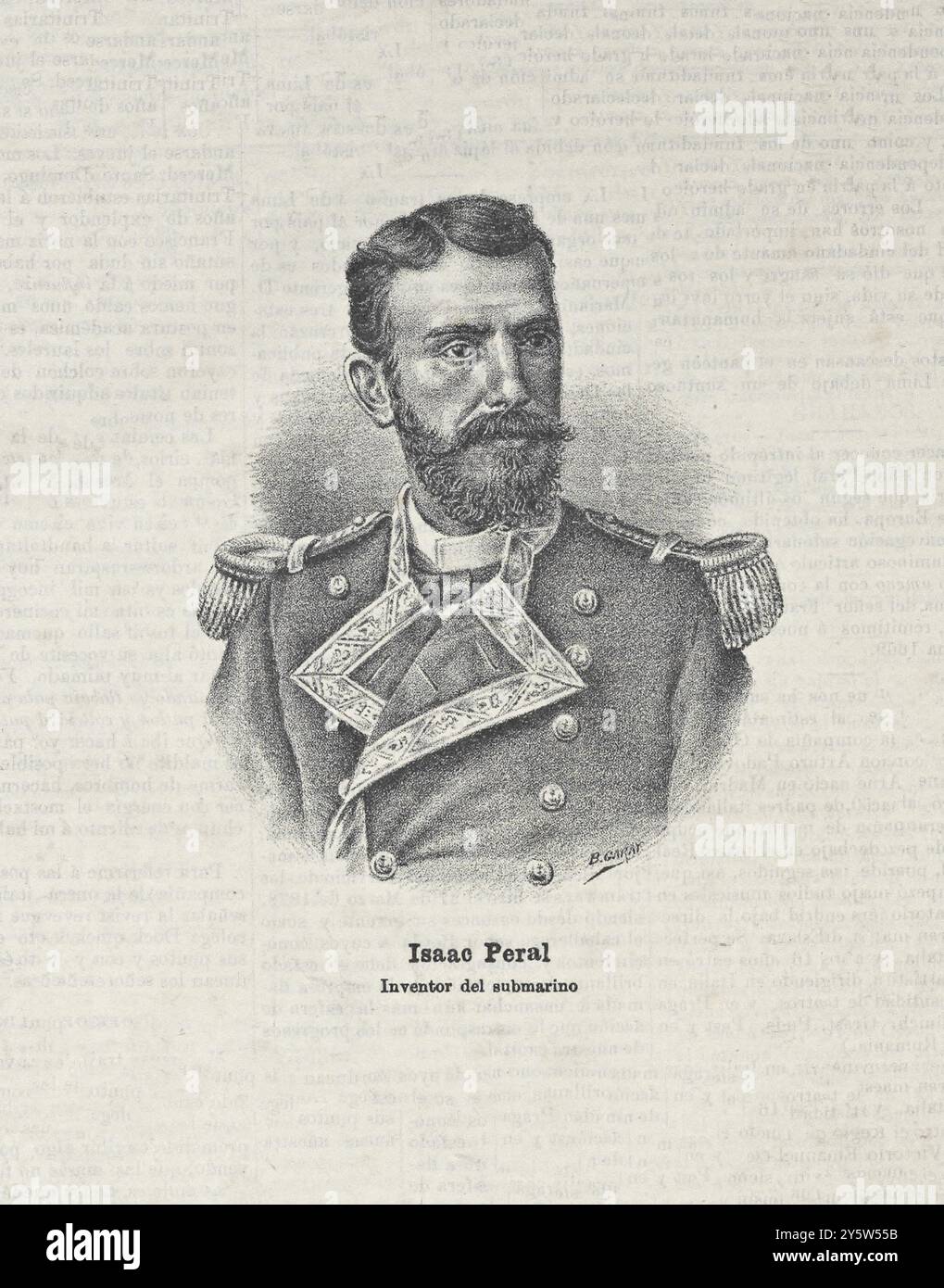 Isaac Peral. Erfinder des U-Bootes. Isaac Peral y Caballero (1890 1851–1895) war ein spanischer Ingenieur, Marineoffizier und Konstrukteur des U-Bootes Peral. Er trat 1866 in die spanische Marine ein und entwickelte das erste elektrisch betriebene U-Boot, das 1888 gestartet wurde. Es wurde von den politischen Behörden nicht akzeptiert, aber von der Marine. Danach verließ er die Marine, um weitere Erfindungen kommerziell zu entwickeln. Stockfoto