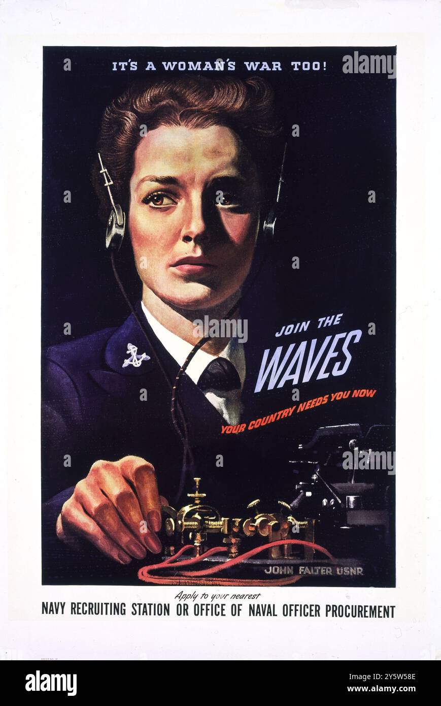 Es ist auch ein Frauenkrieg! Nehmen Sie Teil an der WELLE – Ihr Land braucht Sie jetzt – beantragen Sie sich bei Ihrer nächsten Navy Rekrutierungsstation oder einem Büro für Marineoffiziere Beschaffung / John Falter, USNR. 1942 uniformierte Frau, die Radio bedient. Stockfoto