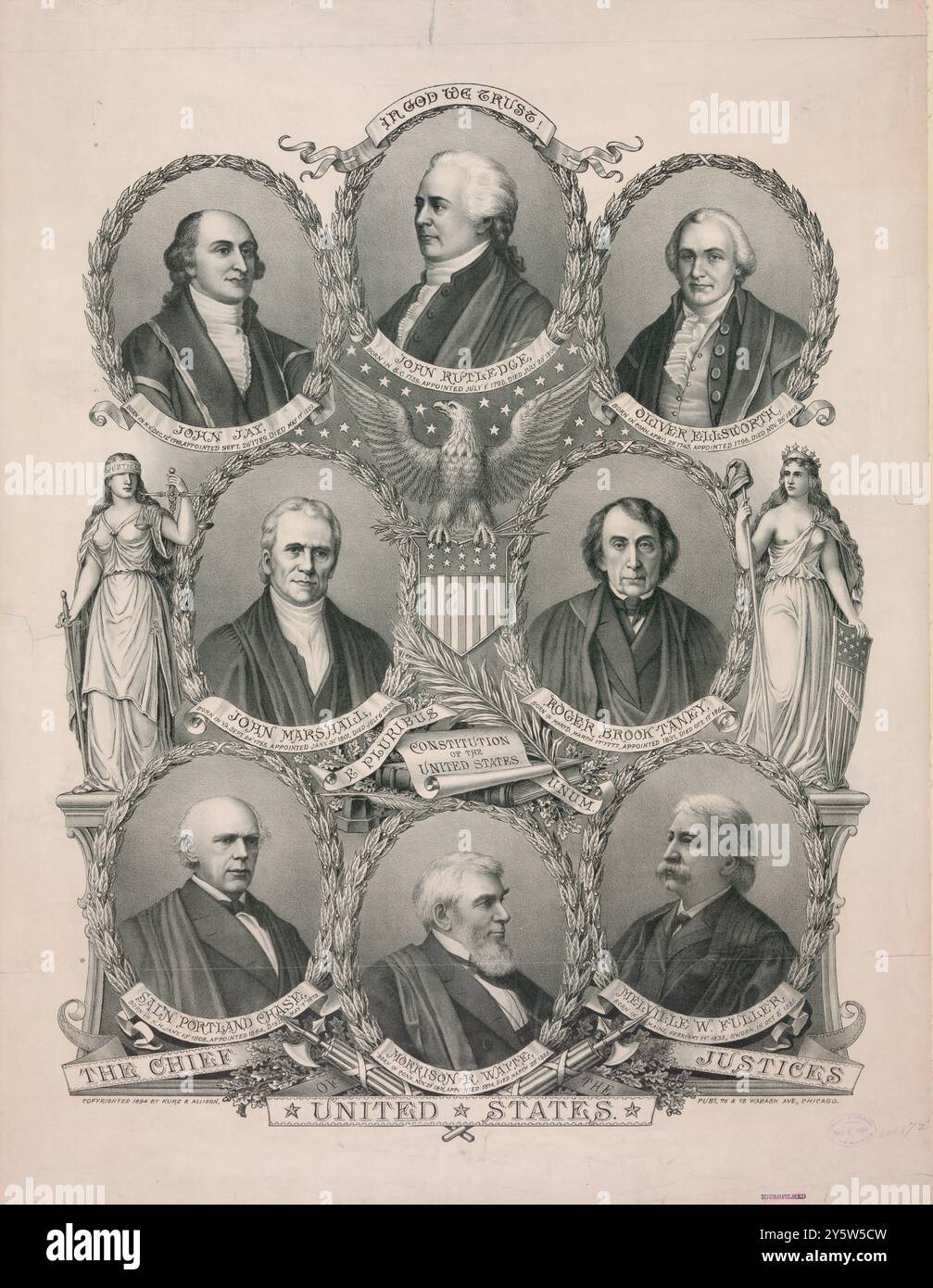 Vintage-Illustration der Chief Justices of the United States. 1894 Kopf-und-Schulter-Porträts in Ovalen der Obersten Richterinnen des Obersten Gerichtshofs flankiert von allegorischen weiblichen Figuren der Justiz und Freiheit. Zu den Richtern gehören: John Jay, John Rutledge, Oliver Ellsworth, John Marshall, Roger Brook Taney, Salmon Portland Chase, Morrison R. Watte und Melville W. Fuller. Stockfoto Vintage-Illustration der Chief Justices of the United States. 1894 Kopf-und-Schulter-Porträts in Ovalen der Obersten Richterinnen des Obersten Gerichtshofs flankiert von allegorischen weiblichen Figuren der Justiz und Freiheit. Zu den Richtern gehören: John Jay, John Rutledge, Oliver Ellsworth, John Marshall, Roger Brook Taney, Salmon Portland Chase, Morrison R. Watte und Melville W. Fuller. Stockfoto
