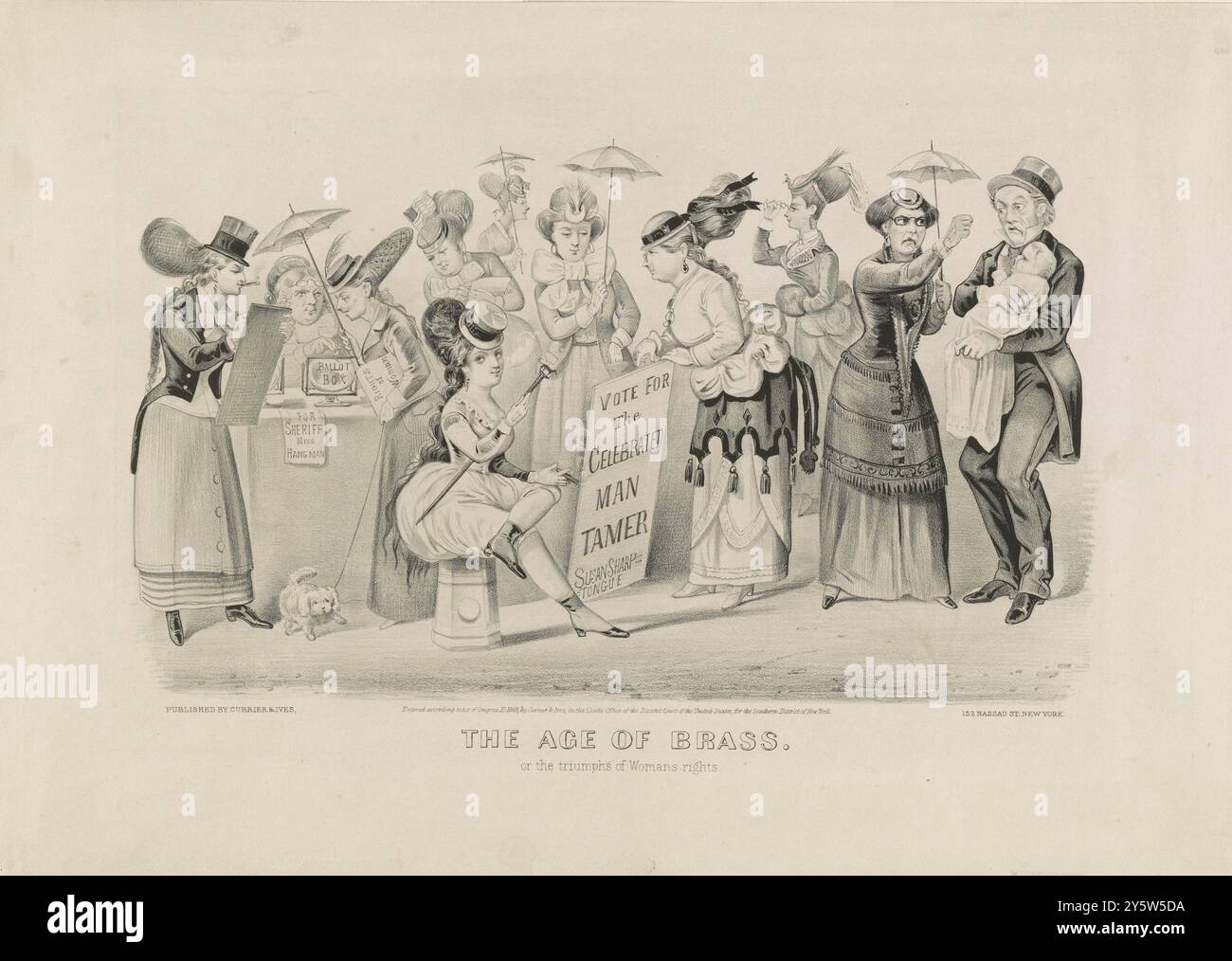 Das Zeitalter des Messings. Oder die Triumphe der Frauenrechte. Das Motiv 1869 zeigt Frauen, die an einer Wahlurne stehen. Ein Mann ganz rechts hält ein Baby am Ende der Linie. Stockfoto