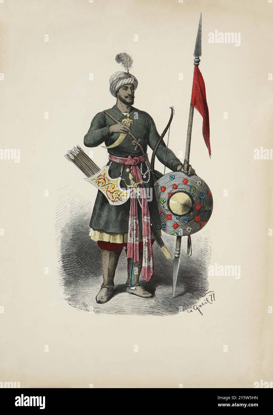 Vintage-Illustration eines hinduistischen Kriegers. XV Jahrhundert. Historische und volkstümliche Kostüme. Deutschland. 1881 Stockfoto