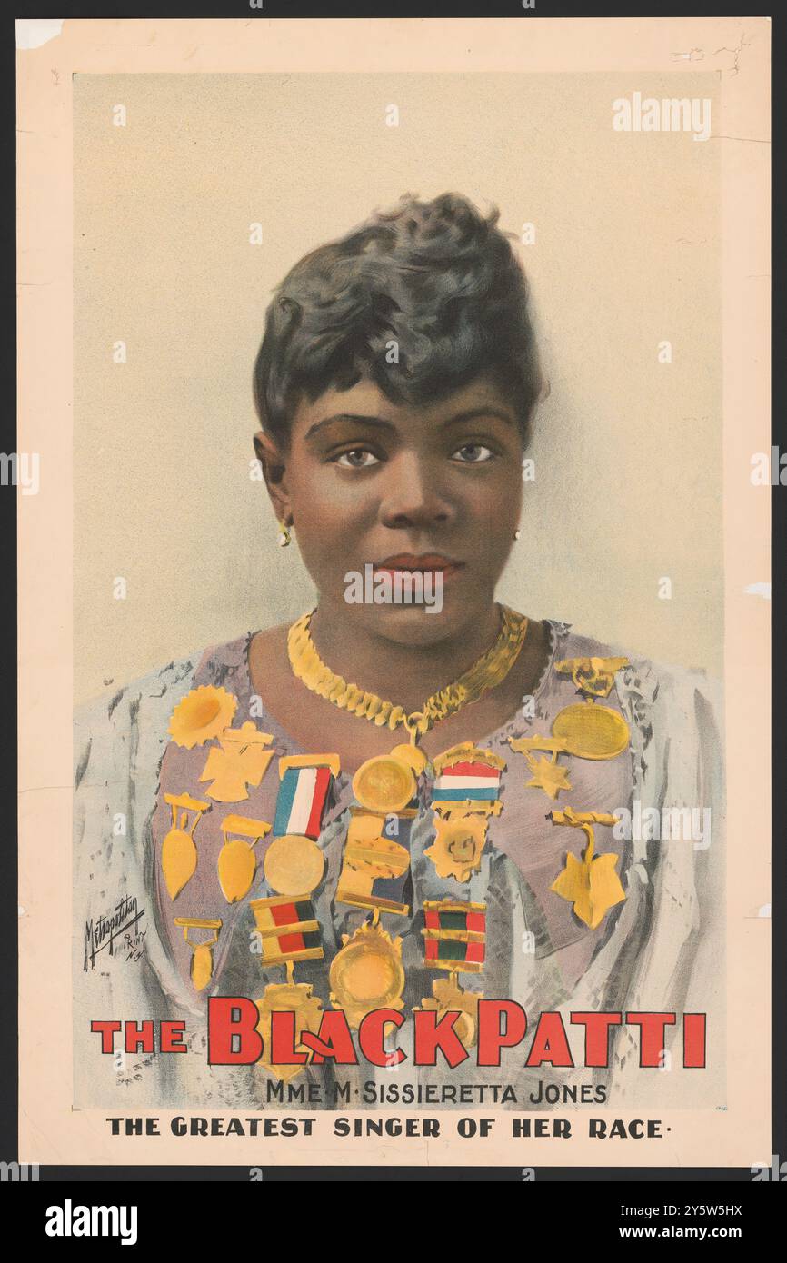 Der Schwarze Patti, Mme. M. Sissieretta Jones, die größte Sängerin ihrer Rasse. 1899 Matilda Sissieretta Joyner Jones (1868–1933) war eine US-amerikanische Sopranistin. Sie wurde manchmal als „The Black Patti“ bezeichnet, in Bezug auf die italienische Opernsängerin Adelina Patti. Jones’ Repertoire umfasste große Oper, Lichtoper und populäre Musik. Sie sang für vier aufeinanderfolgende Präsidenten und die britische Königsfamilie und wurde international erfolgreich. Neben den USA und den Westindischen Inseln tourte Jones durch Südamerika, Australien, Indien, das südliche Afrika und Europa. Der bestbezahlte afroamerikanische Künstler o Stockfoto