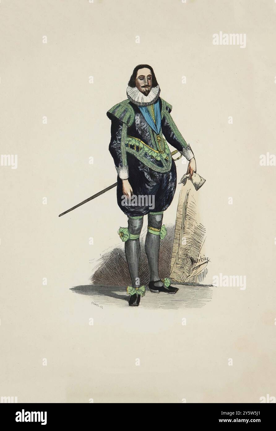 König Karl I. von England. 1624. Historische und volkstümliche Trachten. Deutschland. 1881 wird Karl I. als Prinz von Wales im Alter von 24 Jahren dargestellt. Das Kostüm zeigt die Extravaganz der spanischen Mode, die verrückt geworden ist. Ein eng anliegendes, nach vorne verjüngendes Dublet mit angebrachten Laschen bedeckt nur das Oberteil. Die eng anliegenden Ärmel sind mit großen gepolsterten Kappen an der Schulter bedeckt. Das Wimperntuch mit Ärmeln und Schulterblatt besteht aus dunkelviolettem, fein gemustertem Satin und ist vorne vom Hals nach unten, auf den Runden, an den Schulterkappen und am vorderen Ärmelmeer doppelt geschnitten Stockfoto