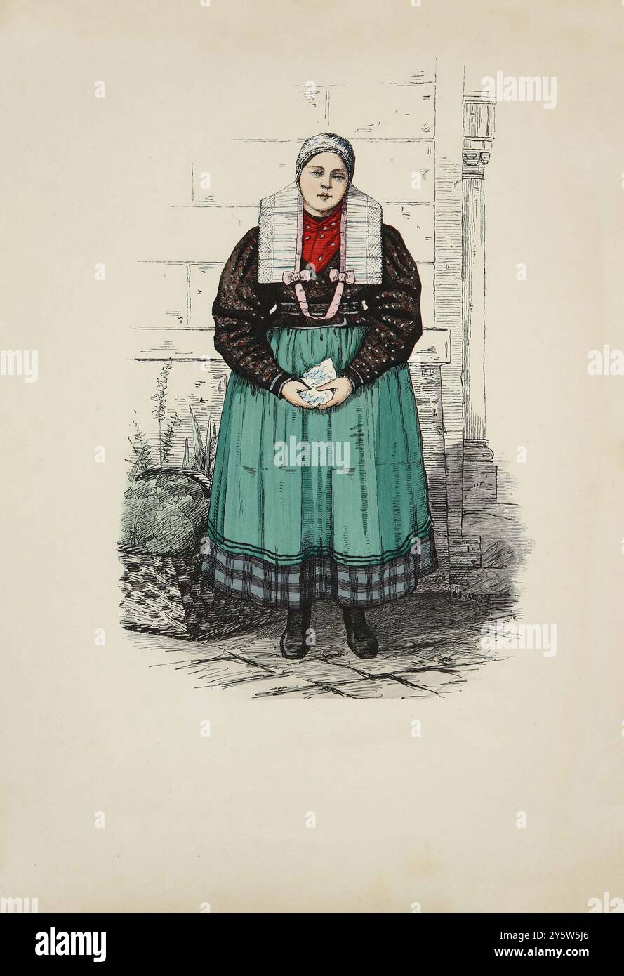 Vintage-Illustration eines Bauernmädchens aus Neuland bei Neisse. Schlesien. Historische und volkstümliche Kostüme. Deutschland. 1881 Stockfoto