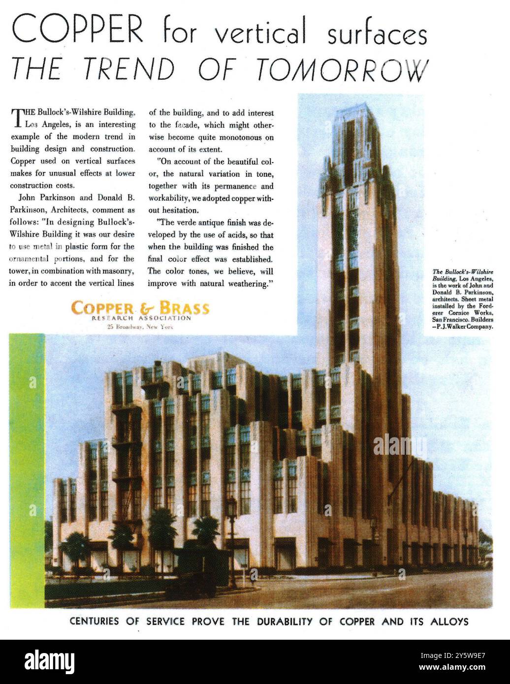 1931 Copper & Brass Research Association Ad – „Kupfer für vertikale Oberflächen der Trend für morgen“ – Bullock's-Wilshire Building Los Angeles Stockfoto