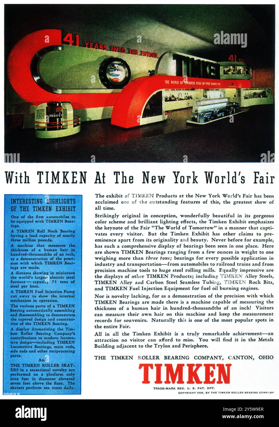 1939 Timken Roller Bearing Company Ad - New York Worlds Fair Stockfoto