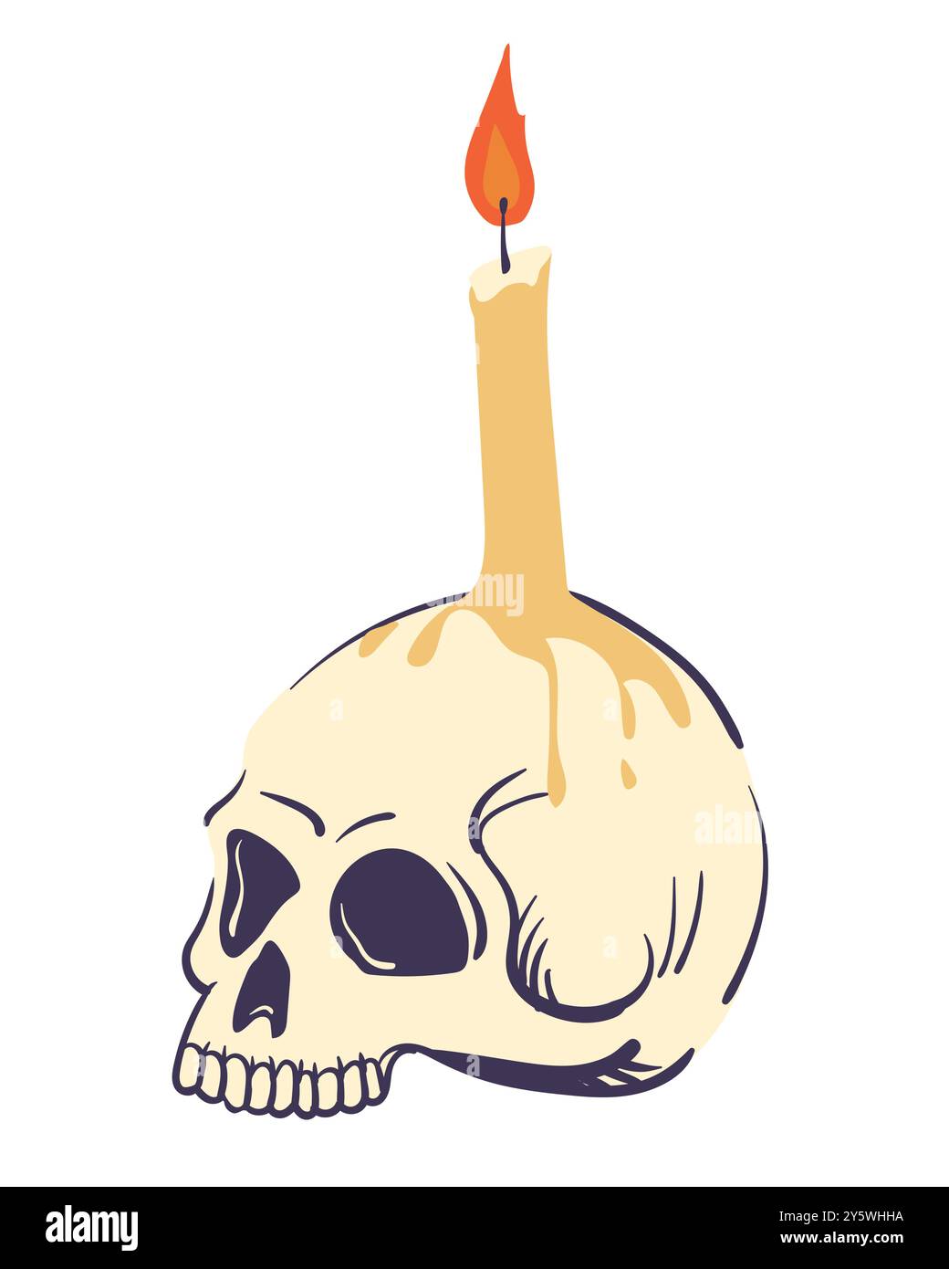 Illustration des menschlichen Schädels und der brennenden Kerze. Vektorschädel als Kerzenhalter. Menschlicher Knochen für Halloween Dekor oder Produktdesign im mystischen Stil Stock Vektor