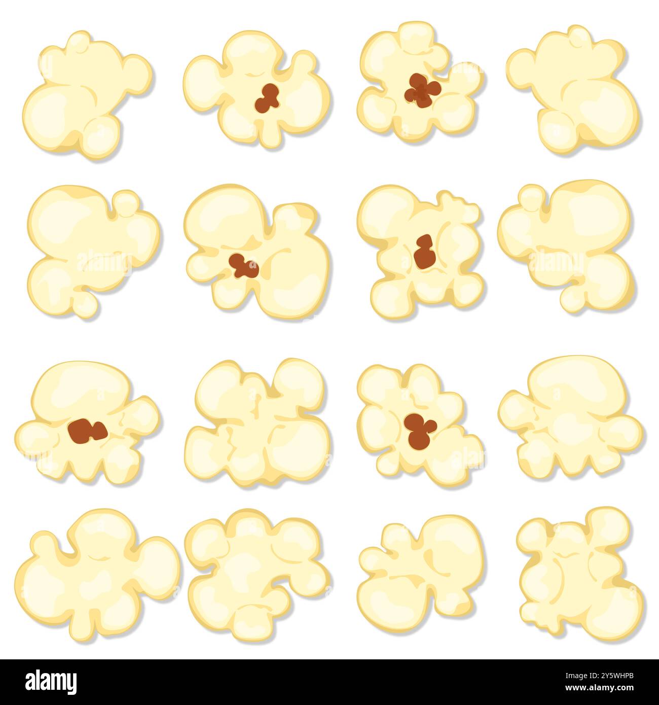 Vektor-Illustration des Popcorns, das aus einem roten und weißen Karton, Karikaturstil, isoliert auf einem weißen Hintergrund für Film, Kino, Essen verschüttet wird Stock Vektor