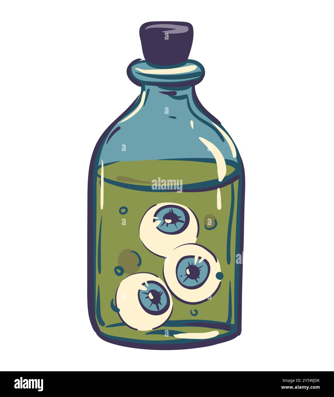 Vektor-Illustration einer Flasche mit einem Trank. Zauberfläschchen mit grünem Trank und Augen für Hexerei, Cartoon-Elixier, Gift und Gegenmittel. Flacher STYLE. Stock Vektor