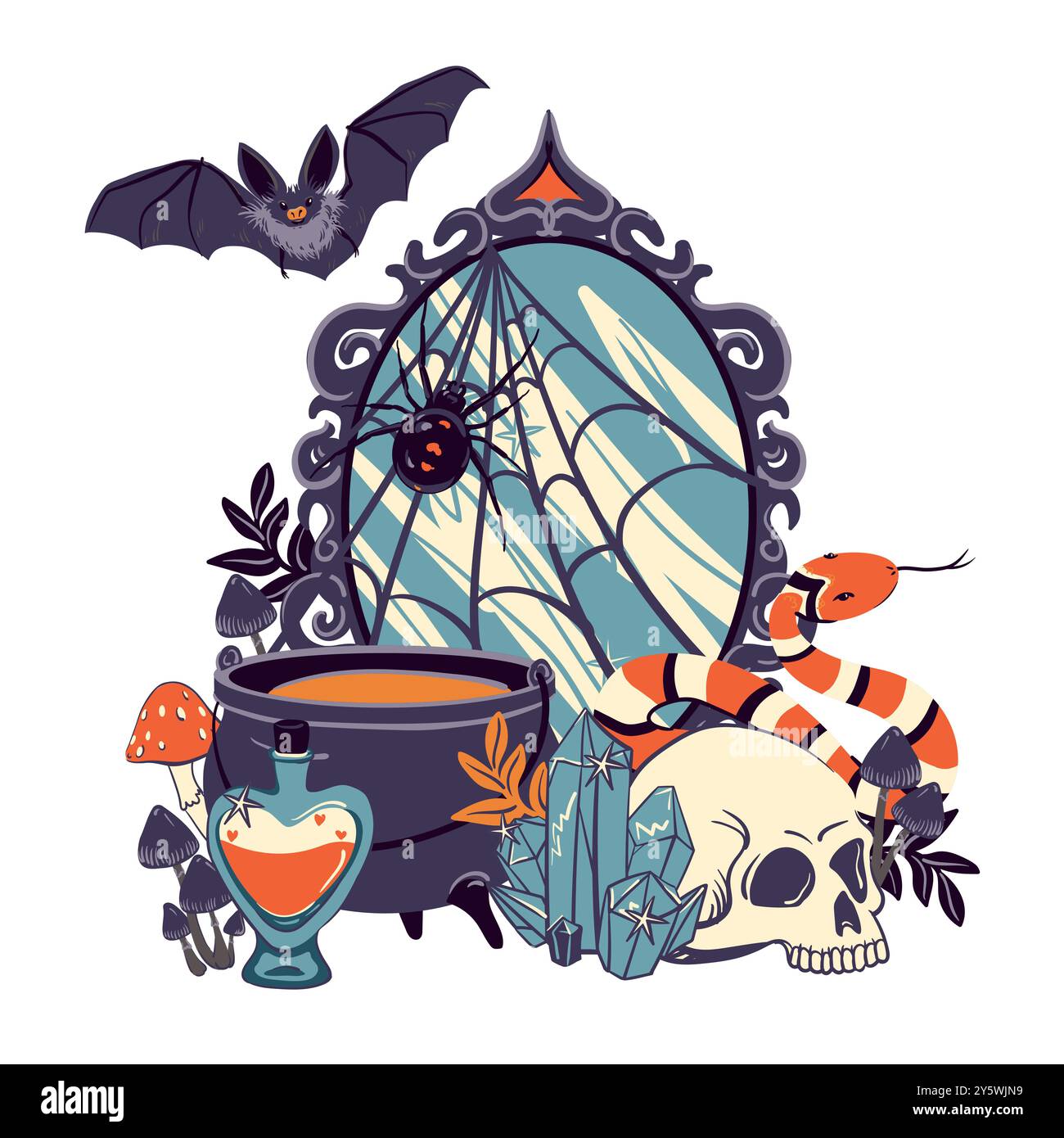Mystische Vektor-Illustration mit magischem Spiegel, schwarzem Kessel, Kristallkugel, Schädel und Schlange. Konzeptkunst für Tätowierungen oder okkulte Projekte. Hexe Stock Vektor
