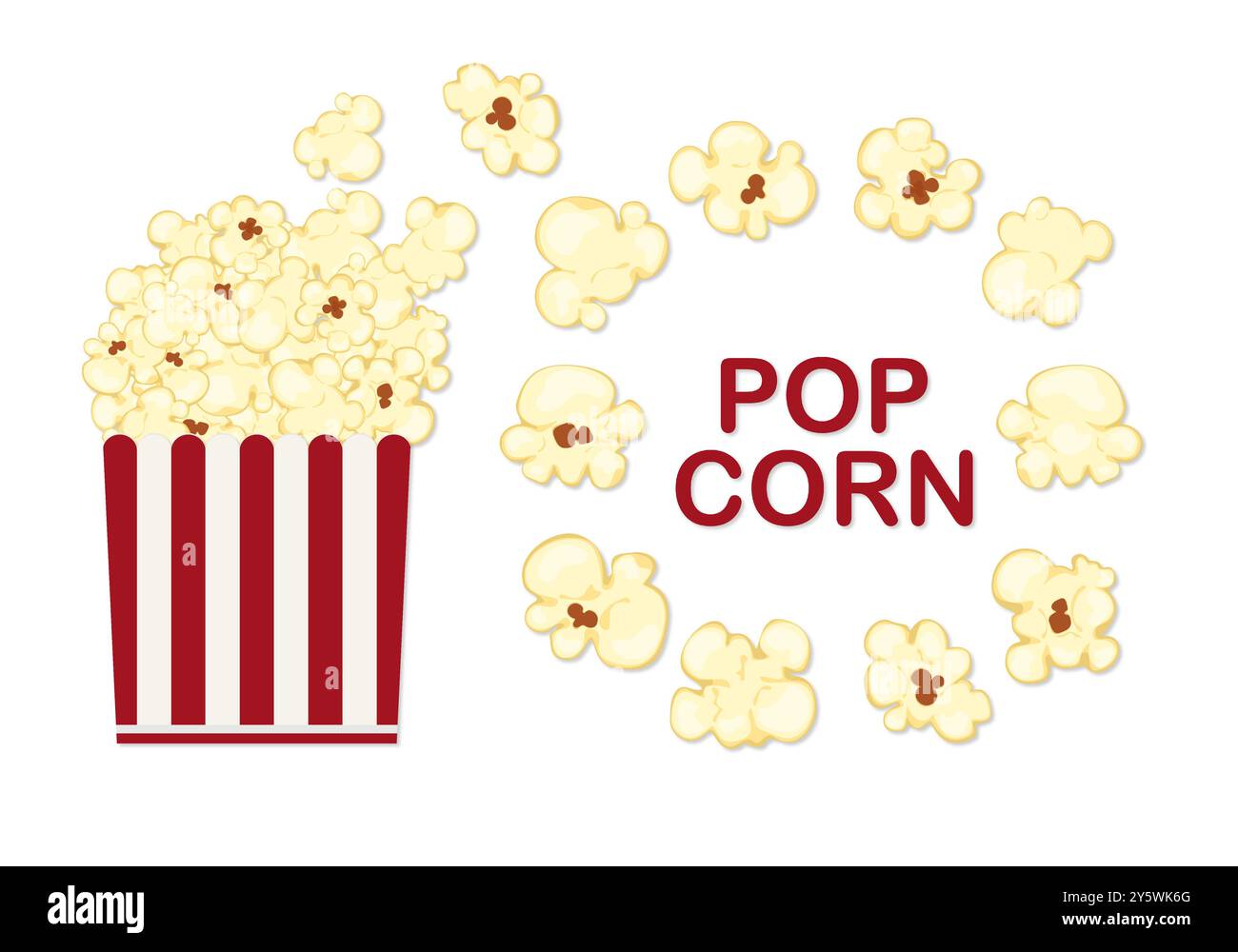 Vektor-Illustration des Popcorns, das aus einem roten und weißen Karton spritzt, Karikaturstil, isoliert auf einem weißen Hintergrund für Film, Kino, Essen Stock Vektor