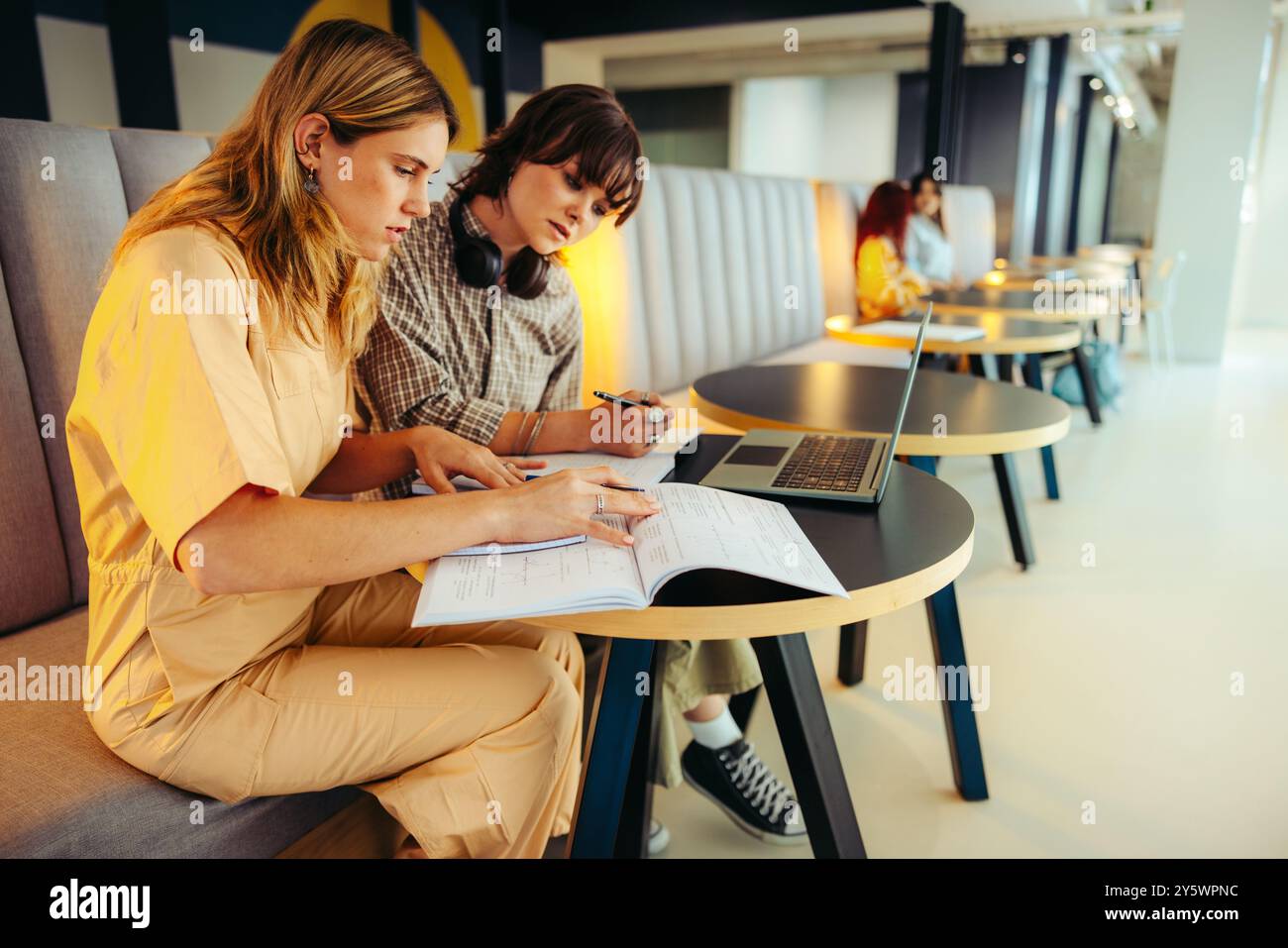 Zwei Schüler konzentrierten sich auf die Prüfungsvorbereitung und lernten zusammen mit Büchern und einem Laptop in einer modernen Lernumgebung, um ihre Zusammenarbeit zu verbessern Stockfoto