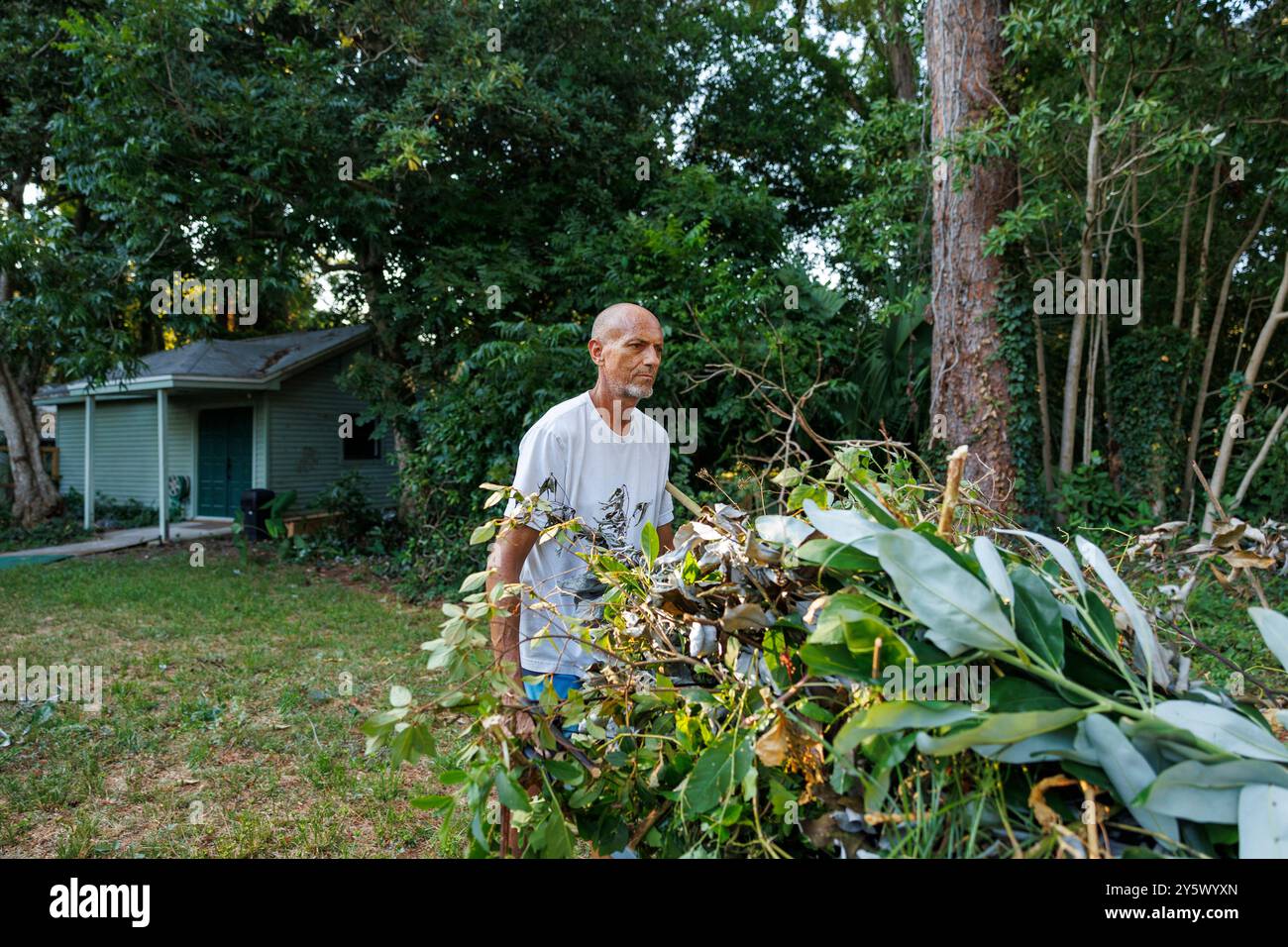 Ein erwachsener Mann steht inmitten von grüner Gartenschutte in einem Hinterhof, mit Blick zur Seite, mit einem Haus und Bäumen im Hintergrund, Florida, USA Stockfoto