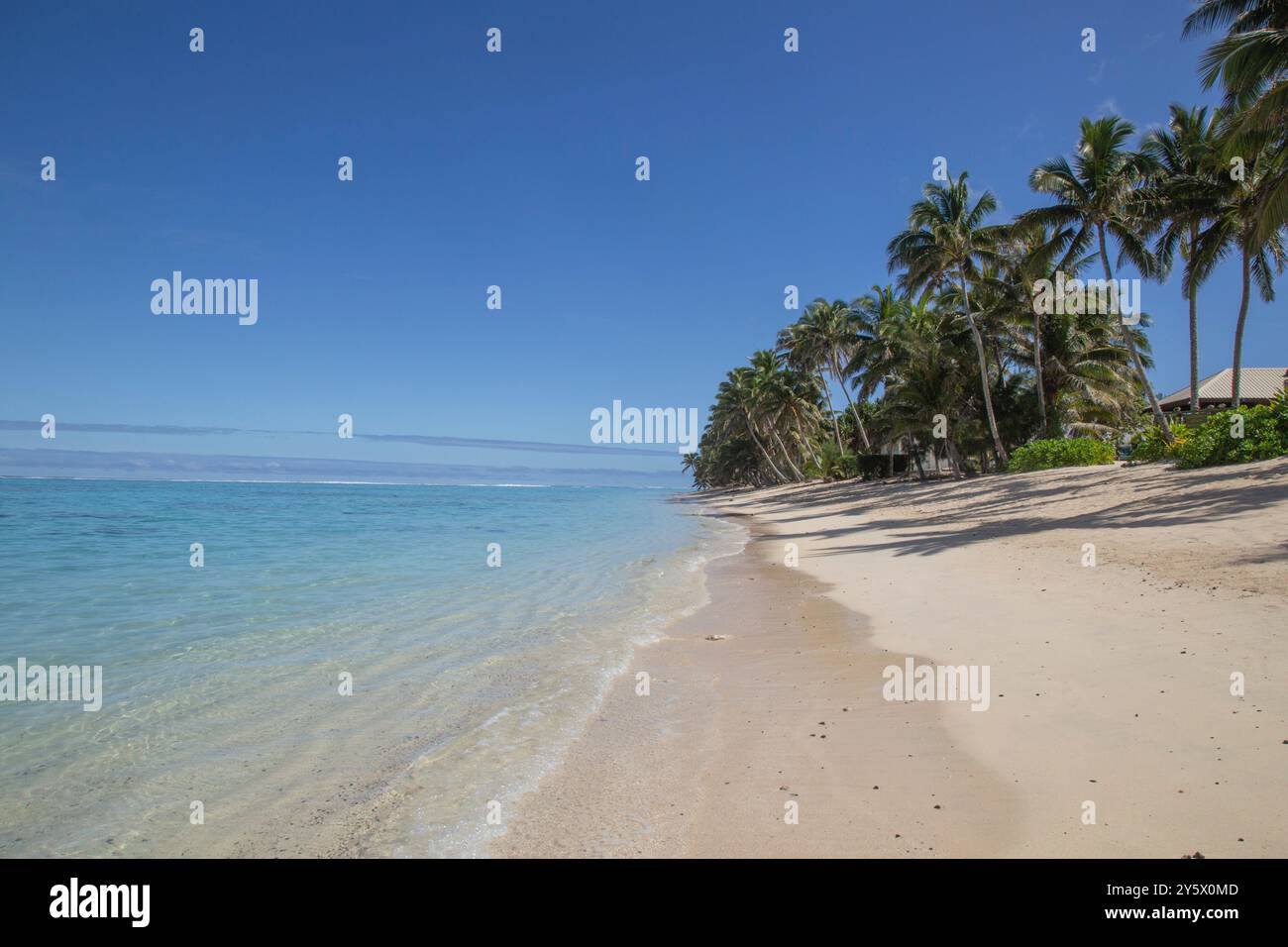 Unberührter tropischer Strand mit klarem blauem Wasser, weißem Sand und Palmen unter blauem Himmel, Titikaveka, Rarotonga, Cook Islands Stockfoto