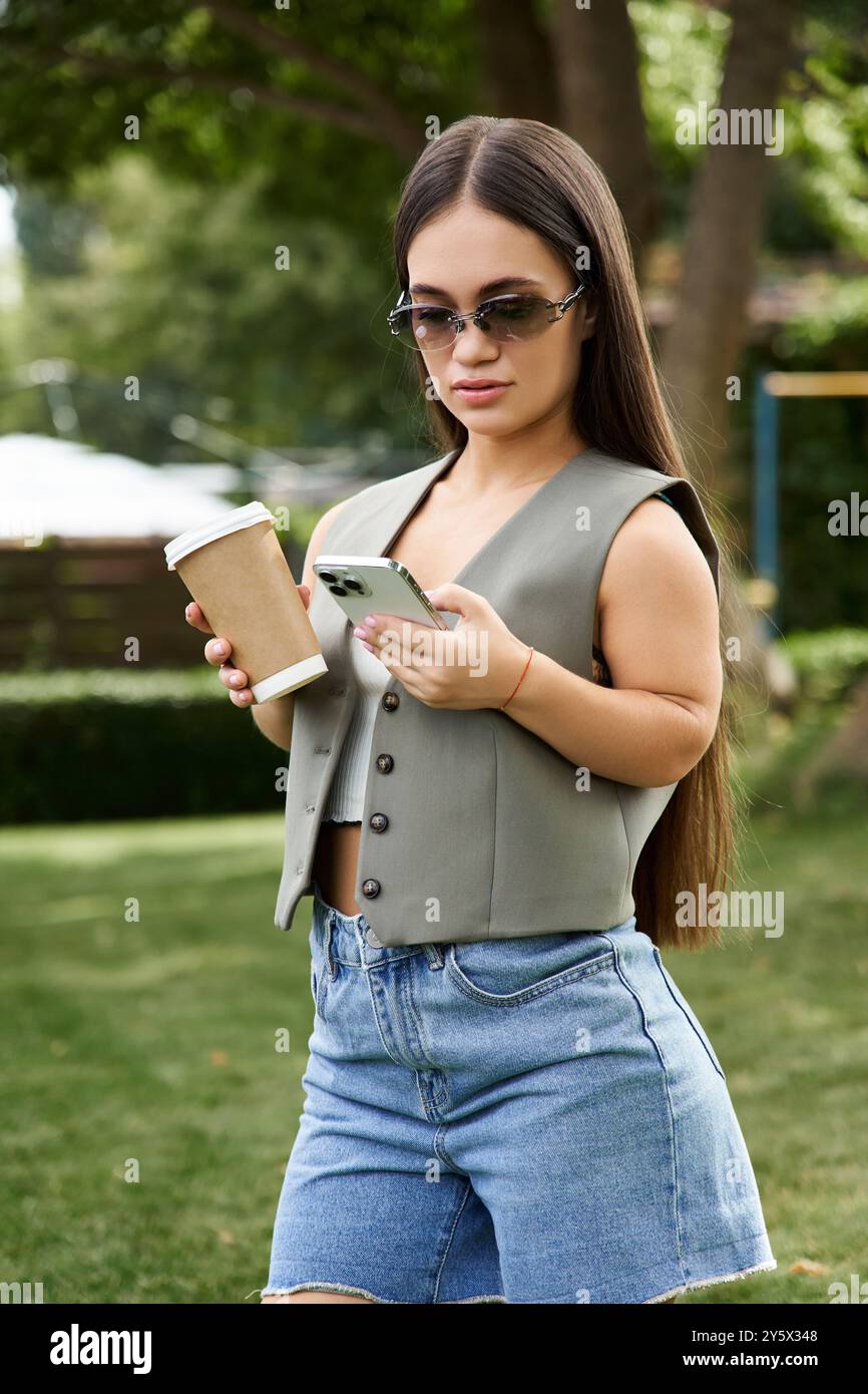 Eine junge, brünette Frau mit kurzer Größe steht in einem sonnendurchfluteten Außenbereich, schlürft Kaffee und schreibt auf ihrem Handy. Stockfoto