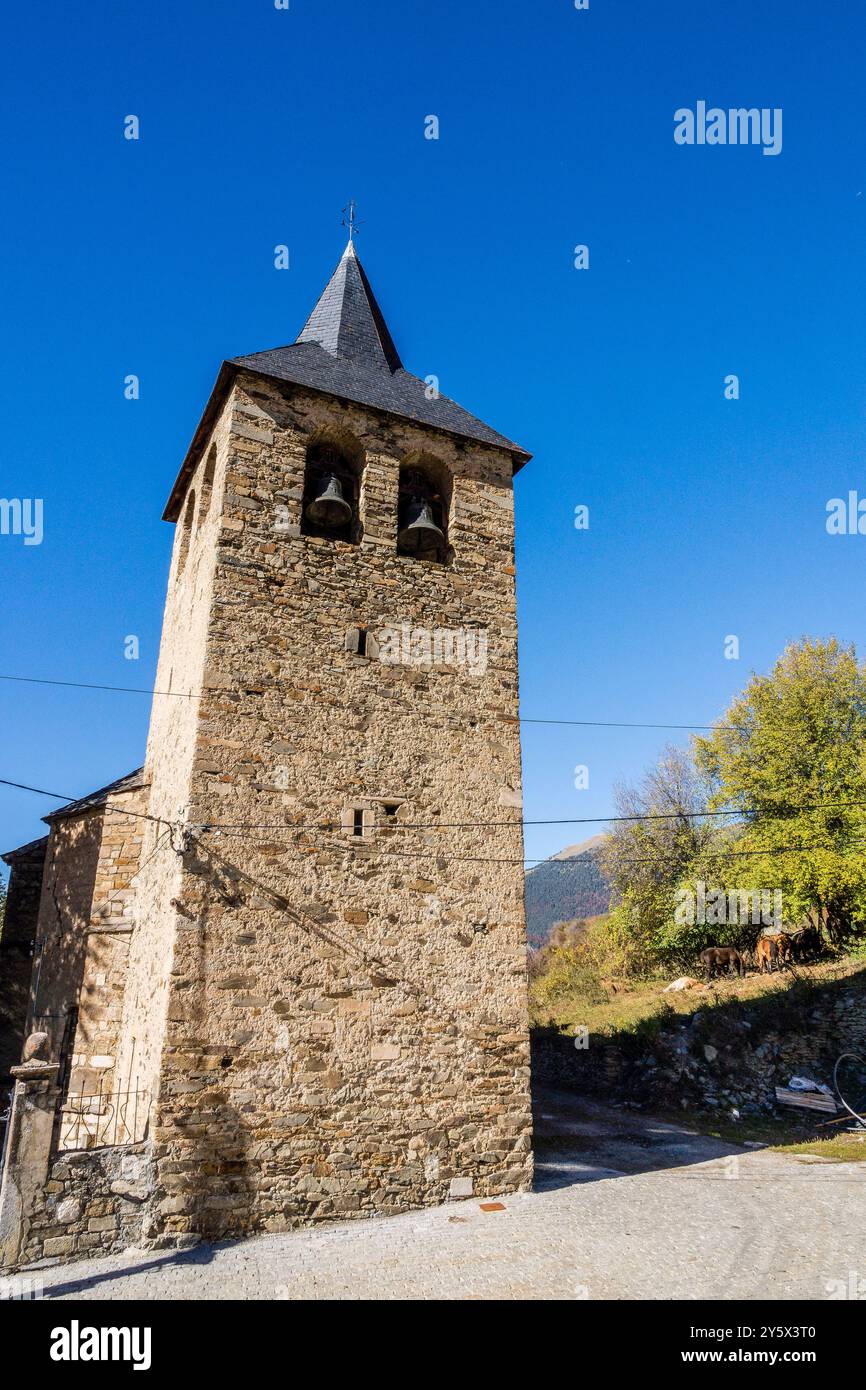 romanische Kirche Sant Esteve de Montcorbau, 12. Und 13. Jahrhundert, Montcorbau, Aran-Tal, Pyrenäen, Spanien, Europa Stockfoto