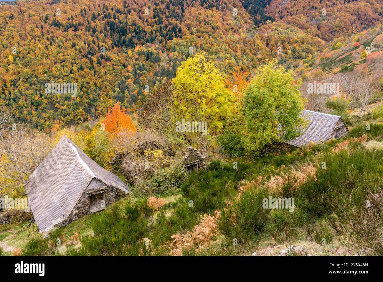 Typische Hütten, Bausen, Aran-Tal, Pyrenäen-Gebirge, Spanien, Europa Stockfoto