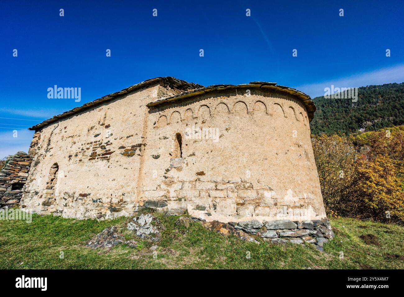 Kapelle von Sant Miqueu (Kapelle von San Miguel), datiert auf das 10. Jahrhundert, frühromanische, Vilamos, Aran-Tal, Katalonien, Pyrenäen, Stockfoto