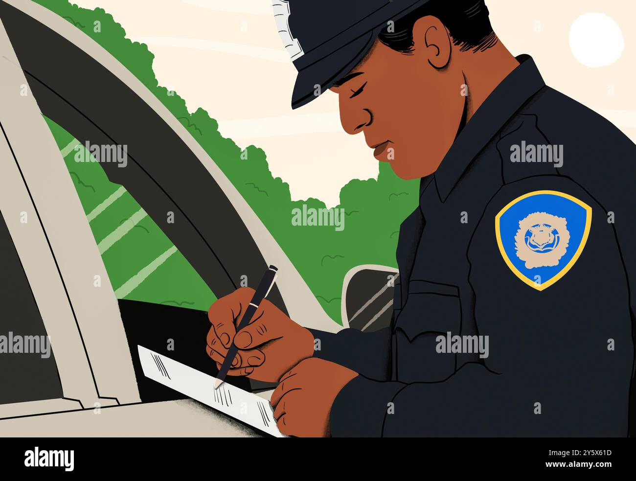 Eine Zeichentrickdarstellung eines Polizisten, der neben einem Autofenster ein Ticket schreibt, mit Bäumen und einer Brücke im Hintergrund. Stockfoto