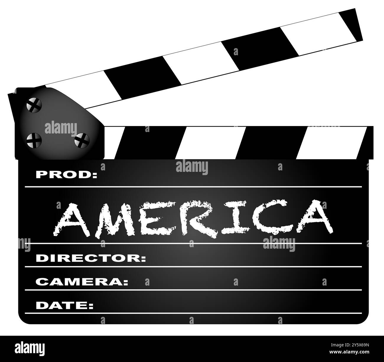 Eine typische Filmklappertafel mit der Legende Amerika isoliert auf weiß. Stockfoto