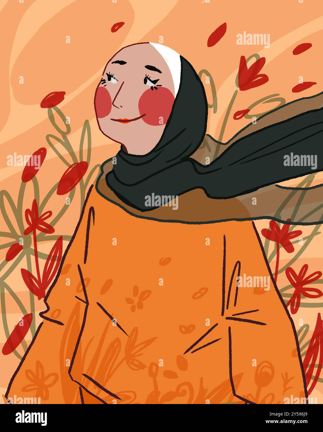 Illustriertes Porträt einer lächelnden Frau mit Hijab vor abstraktem floralem Hintergrund Stockfoto