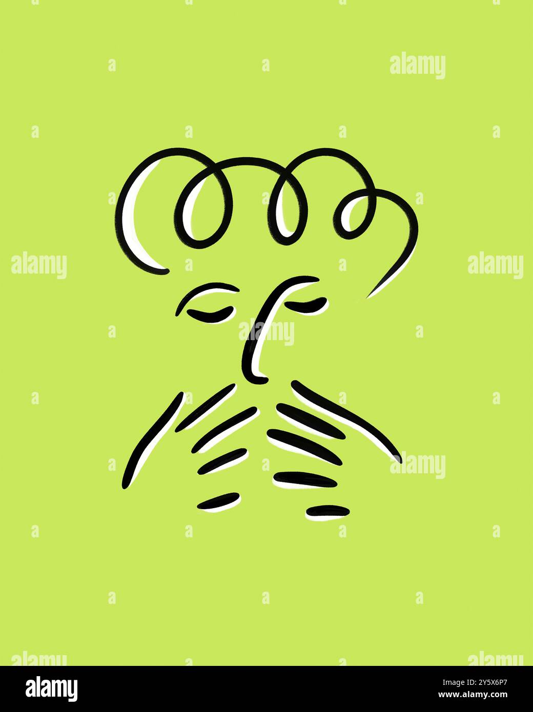 Eine abstrakte Linienzeichnung eines Mannes mit geschlossenen Augen und wirbelnden Haaren, die auf Meditation, Frieden oder Introspektion hindeutet Stockfoto