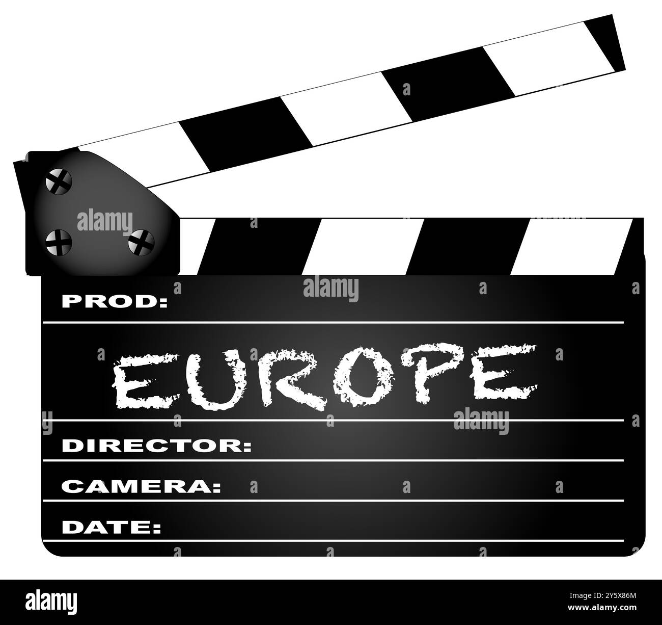 Eine typische Filmklappertafel mit der Legende Europa isoliert auf weiß. Stockfoto