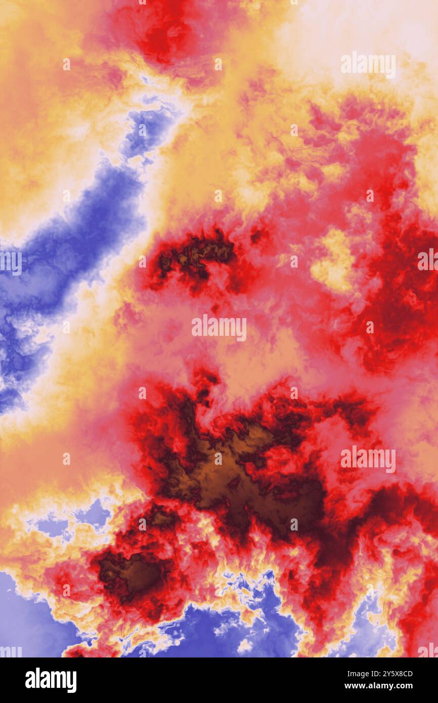 Lebendiges abstraktes Bild mit blauen, gelben und roten Farbtönen, das einer feurigen Wolkenlandschaft ähnelt. Stockfoto Lebendiges abstraktes Bild mit blauen, gelben und roten Farbtönen, das einer feurigen Wolkenlandschaft ähnelt. Stockfoto