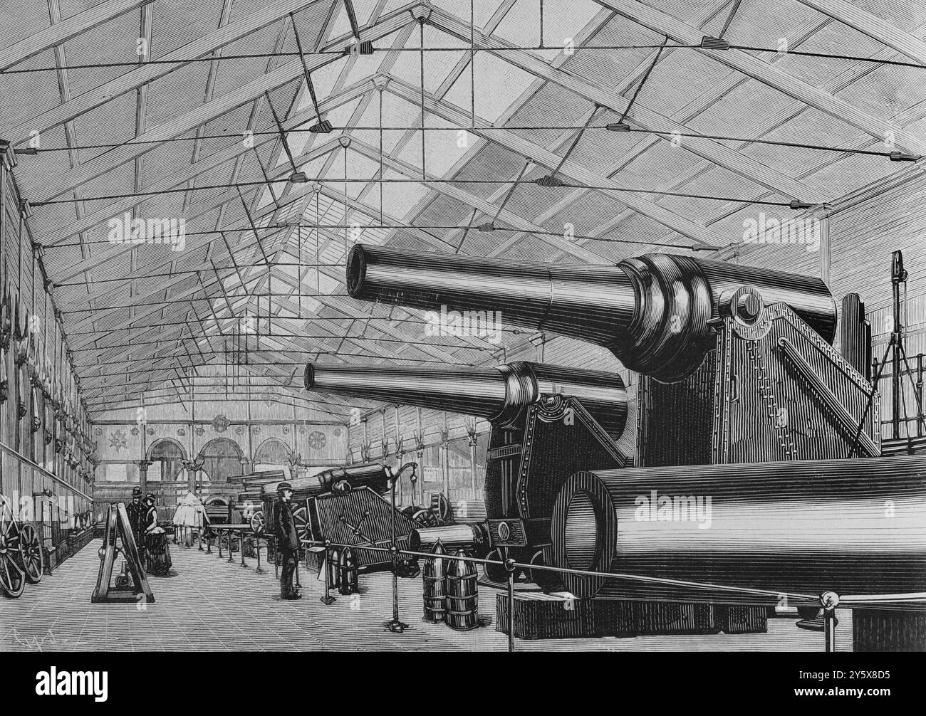 Turin, Italien. Allgemeine italienische Kunst- und Industrieausstellung. Sie fand zwischen April und November 1884 im Parco del Valentino statt, der am 26. April 1884 offiziell eröffnet wurde. Galerie des Kriegsministeriums. Stich von Tomás Carlos Capuz (1834-1899). La Ilustración Española y Americana (die spanische und amerikanische Illustration), 30. Mai 1884. Stockfoto