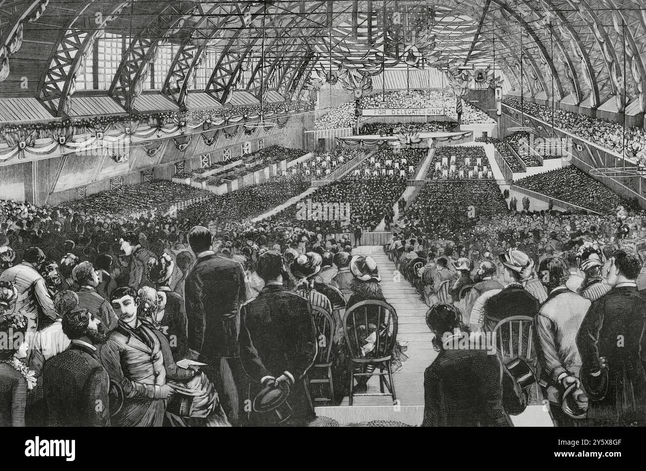 Usa. Chicago. 8. Republikanischer Nationalkonvent (3-6. Juni 1884). Vorbereitungen für die Präsidentschaftswahl. Sitzung in der großen Ausstellungshalle am 1. Juni 1884. James G. Blaine (1830–1893), ein ehemaliger Senator aus Maine, wurde als republikanischer Kandidat für die Wahlen im November 1884 nominiert. Blaine wurde von Grover Cleveland knapp besiegt. Stich von Bernardo Rico (1825-1894). La Ilustración Española y Americana (die spanische und amerikanische Illustration), 22. Juni 1884. Stockfoto