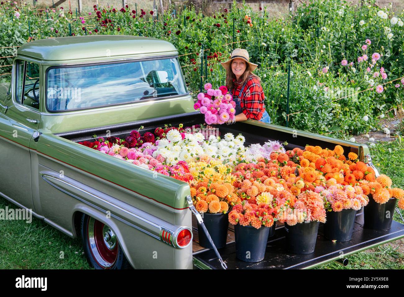 Eine Frau lächelt hinter einem Vintage-Truck voller blühender Blumen in einem üppigen Garten. Stockfoto