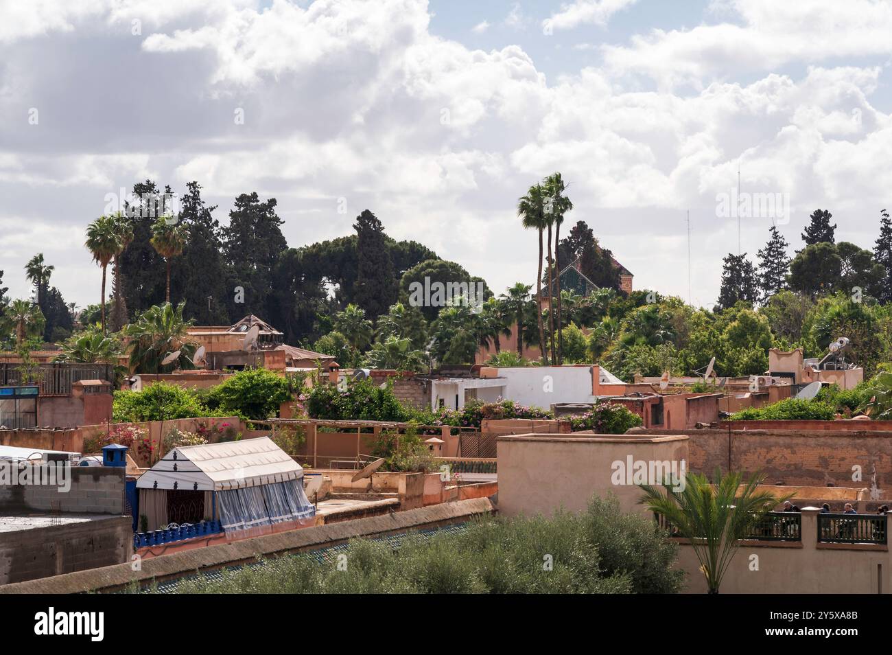 Blick über das Dach von Marrakesch, die üppige Vegetation in den Gebäuden Stockfoto