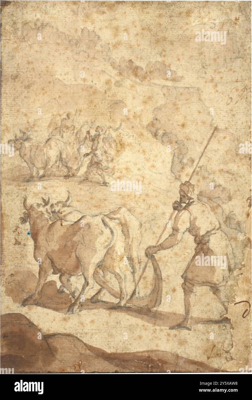 Jusepe Leonardo / „Heiliger Isidor der Arbeiter“. Die erste Hälfte des 17. Jahrhunderts. Graubraune Waschung, Bleistiftboden auf Büttenpapier. Museum: Museo del Prado, Madrid, España. Stockfoto