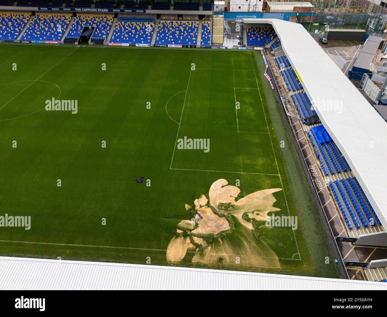 Ein Loch auf dem Platz im Cherry Red Records Stadium, Heimstadion des AFC Wimbledon im Südwesten Londons. Teile Großbritanniens wurden von Sturzfluten heimgesucht, nachdem einige Gebiete innerhalb von 24 Stunden mehr als einen Monat Regen erlebt hatten. Bei starken Regenfällen sind Teile von Northamptonshire, Bedfordshire und London untergetaucht, was zu weitreichenden Reiseunterbrechungen und Schäden an Grundstücken führte. Bilddatum: Montag, 23. September 2024. Stockfoto