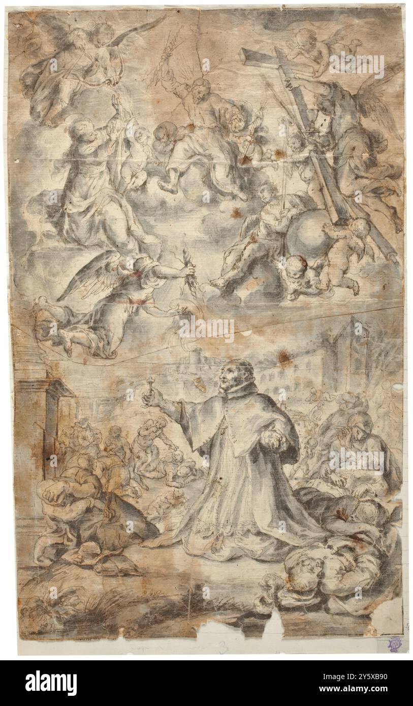 Francisco Camilo / "Saint Charles Borromeo interveniert für die Pest-geritten". 17. Jahrhundert. Graubraune Waschung, Bleistift, Bleistift auf Büttenpapier geschliffen. Museum: Museo del Prado, Madrid, España. Stockfoto