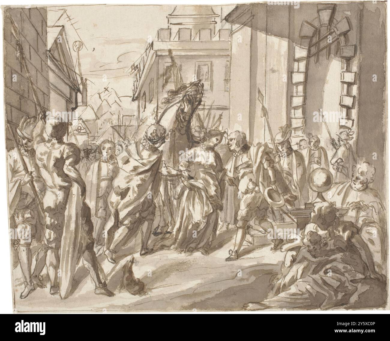 Anonym / „Historische Zusammensetzung“. Ende des 17. Jahrhunderts. Graubraune Waschung, Tinte auf Büttenpapier. Museum: Museo del Prado, Madrid, España. Stockfoto