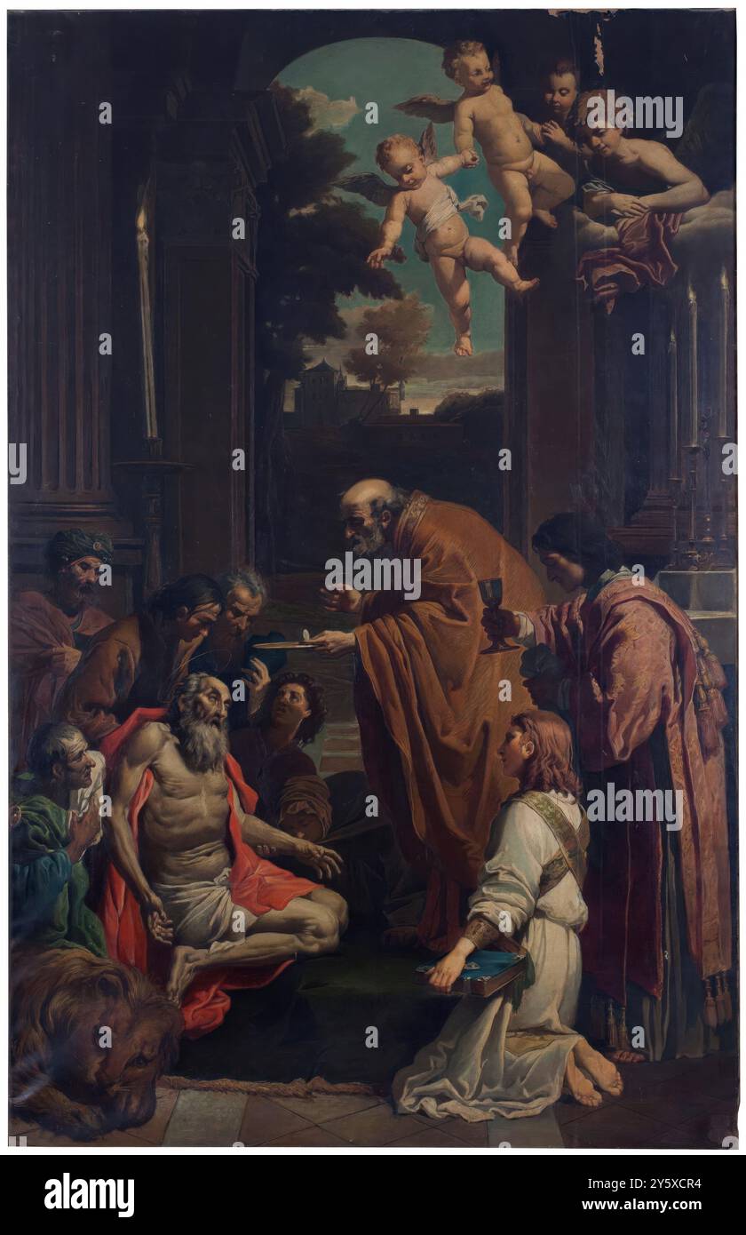 Luis Álvarez Catalá (Kopie nach: Domenichino (Domenico Zampieri)) / „Letzte Kommunion des hl. Jerome oder das Viaticum des hl. Jerome“. 1869. Öl auf Leinwand. Museum: Museo del Prado, Madrid, España. Stockfoto