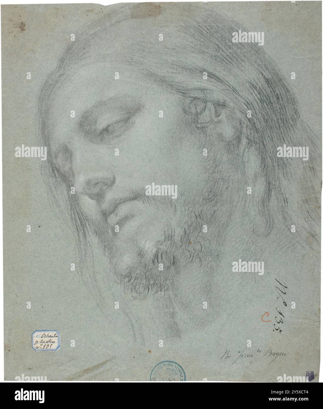 Francisco Bayeu / „Kopf für die Figur Christi“. 1771. Schwarze Kreide auf grünem Papier. Museum: Museo del Prado, Madrid, España. Stockfoto