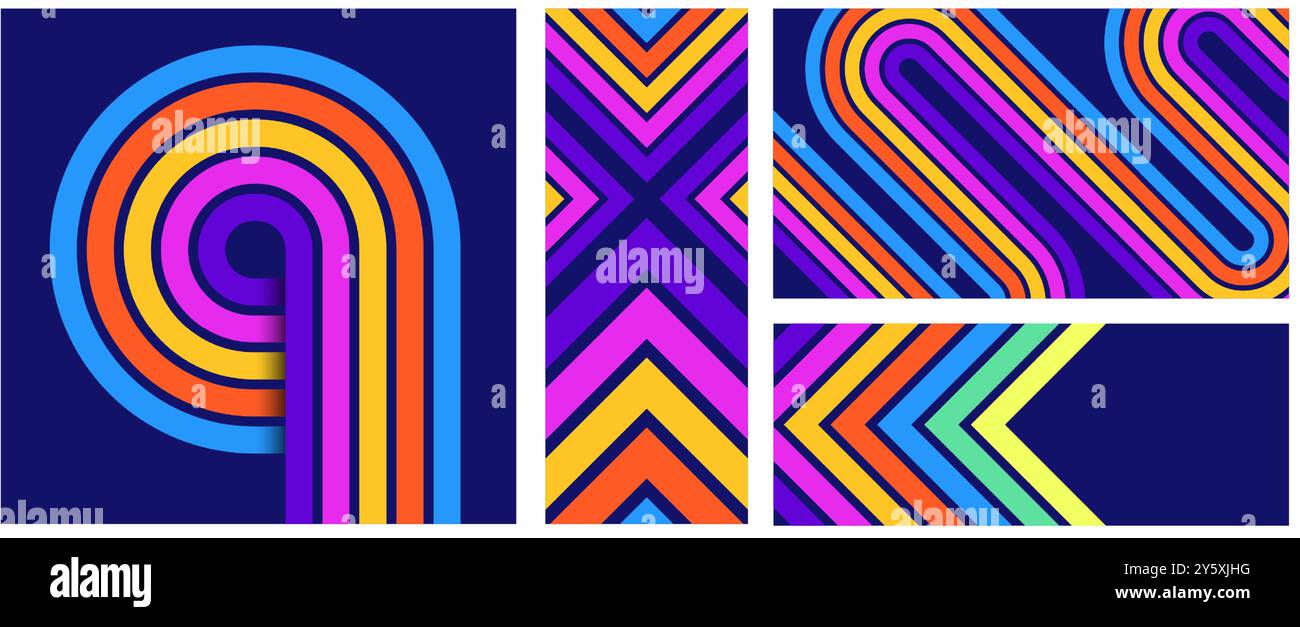 Hintergründe mit Streifen im Retro-Stil. Auffällige bunte Linien abstrakte geometrische Muster, moderne Zen-Streifen-Poster-Hintergründe und dekorative Vektor-Banner aus den 70er Jahren Stock Vektor