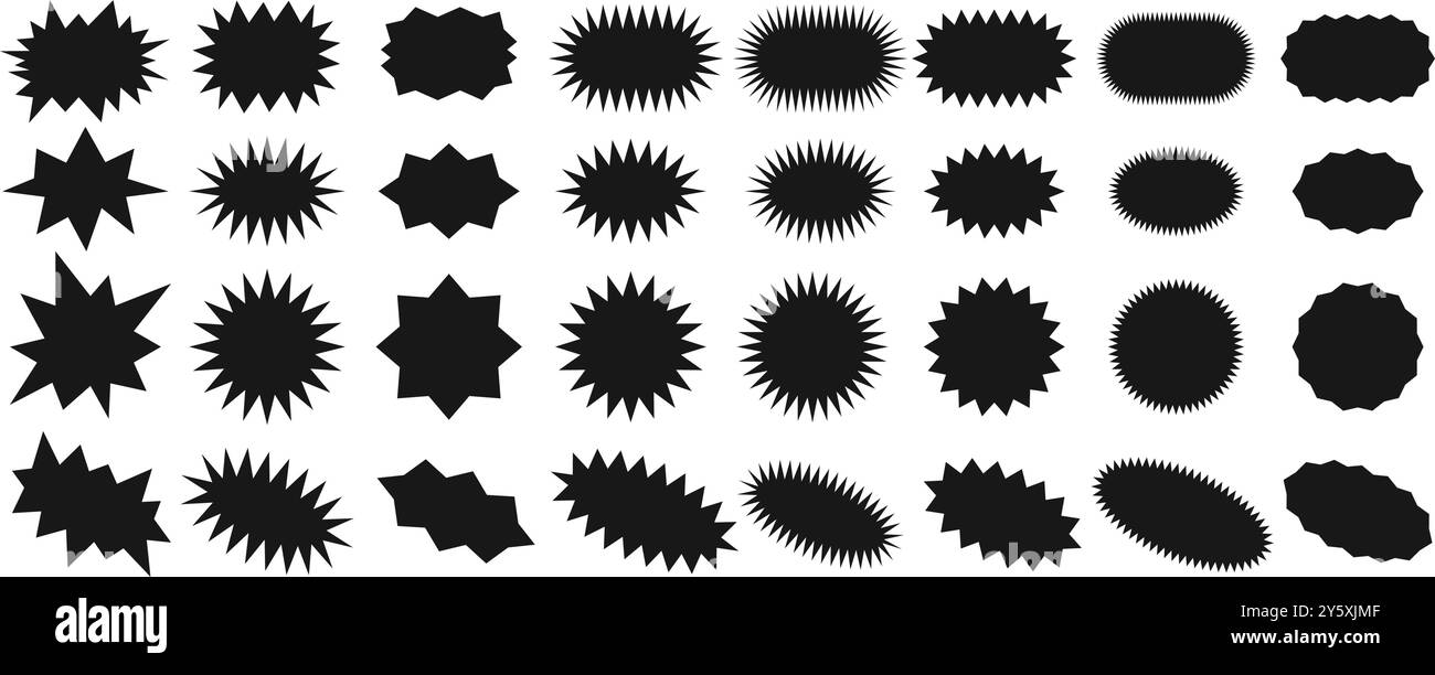 Sunburst-Abzeichen. Starburst Zickzack-Formen, scharfe Sterne-Preisschilder, zackige Verkaufs- oder Rabattaufkleber, scharfe Shoppinglabels-Silhouetten. Dekorativer Vektor Stock Vektor