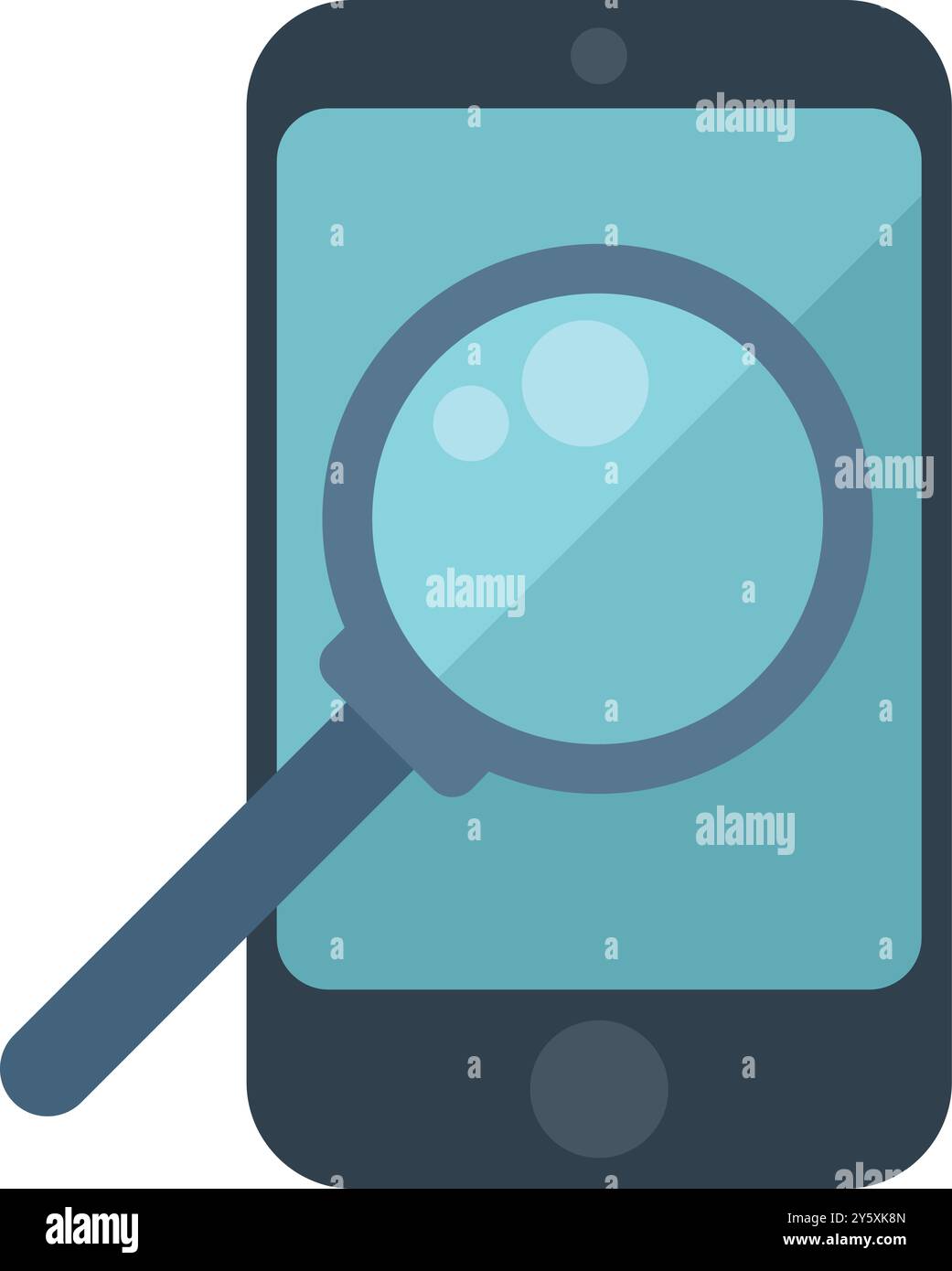 Die Lupe bewegt sich über einem Smartphone-Bildschirm und symbolisiert das Konzept der mobilen Suche und des Online-Informationsabrufs Stock Vektor