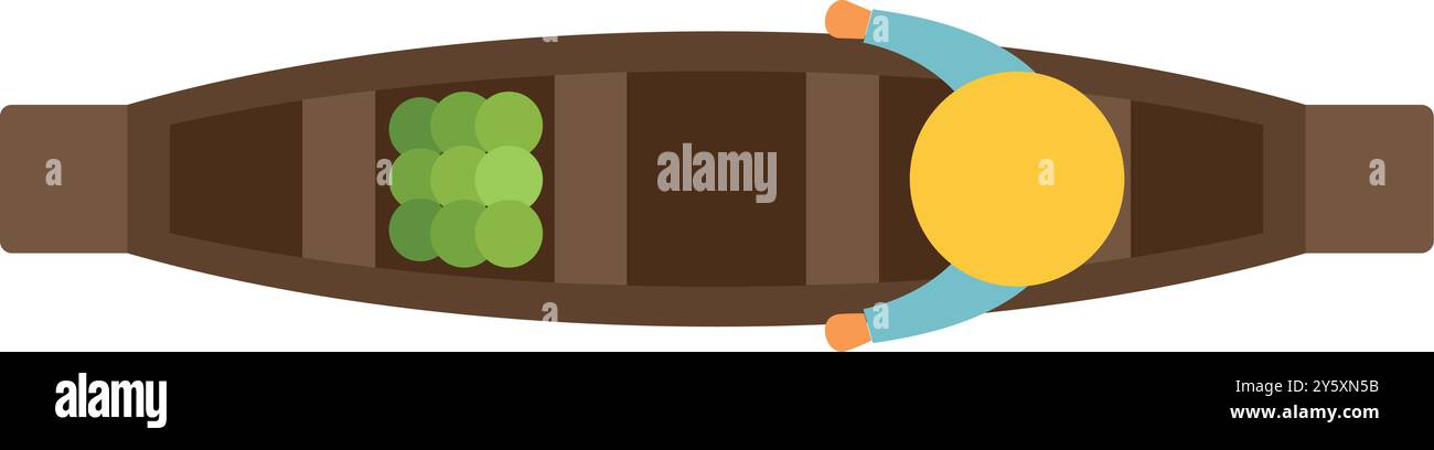 Blick von oben auf einen Bauern, der ein kleines Holzboot mit Getreide rudert, isoliert auf weißem Hintergrund Stock Vektor
