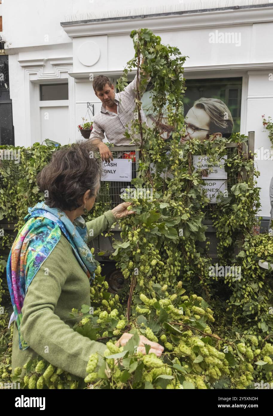 England, Kent, Faversham, Das Jährliche Hop Festival, Farmer Selling Hop Vines Stockfoto