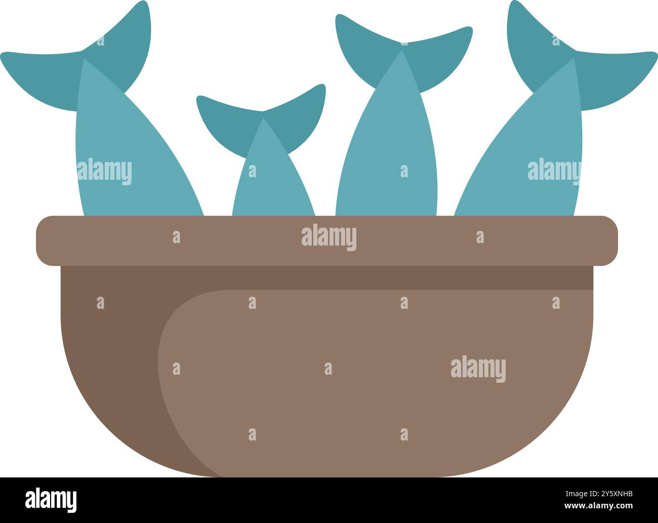 Diese Vektor-Illustration zeigt frischen Fisch, der aus einer braunen Schüssel ragt und wahrscheinlich einen aktuellen Fang oder eine Marktpräsentation darstellt Stock Vektor