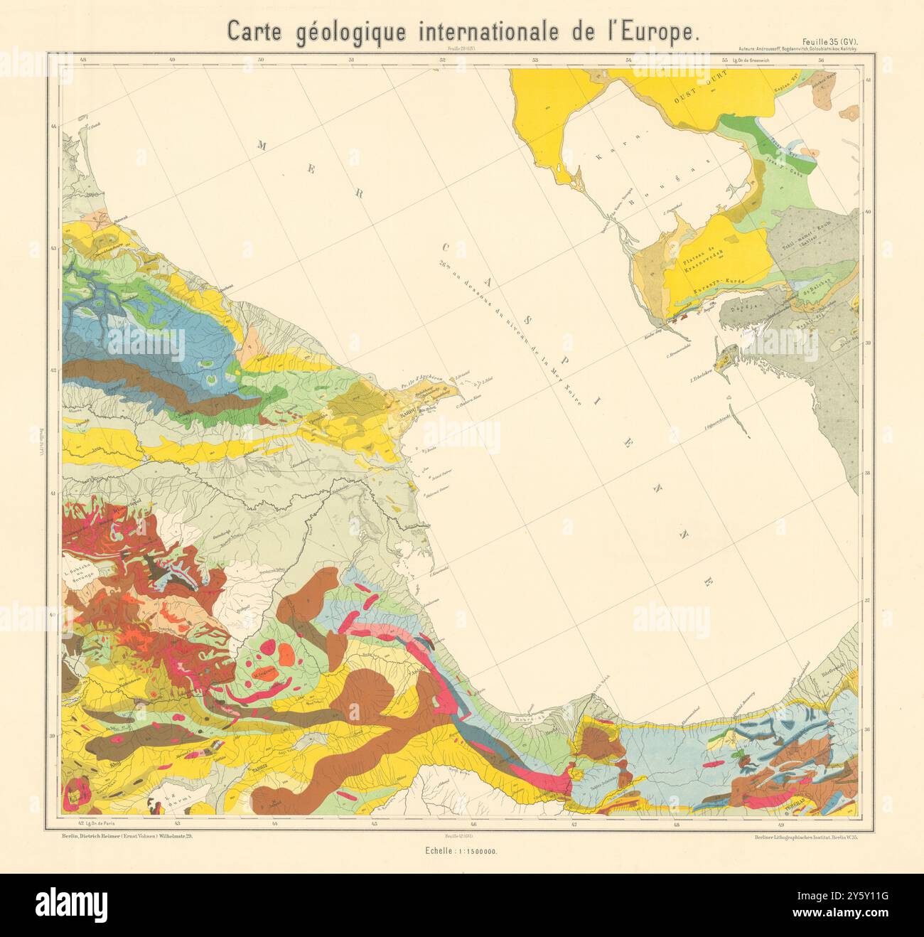 Geologische Karte Südkaspisch. Aserbaidschan Iran Turkmenistan BEYSCHLAG 1913 Stockfoto